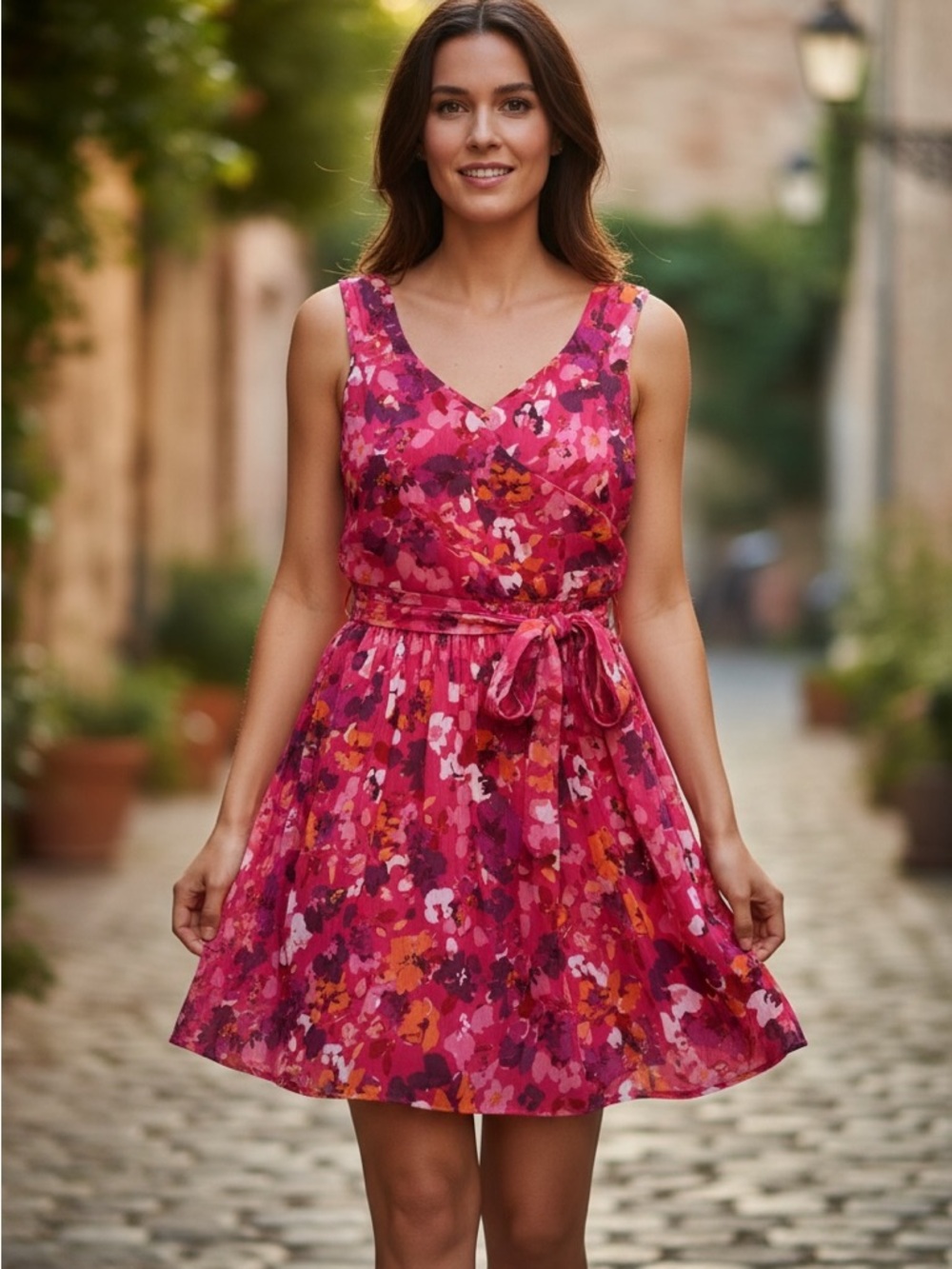 Express Fuchsia Pink Floral V-Neck Tie-Waist Mini Dress